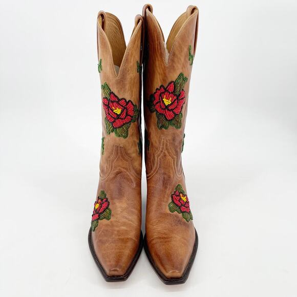 Lucchese Charlie 1 Horse Tan Beaded Flower Snip Toe Western Cowgirl Boot size 10 - Picture 5 of 15